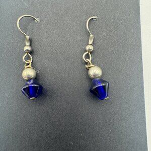 Blue Glass Beaded Hook Dangle Earrings Lightweight Silver Accents Handmade
